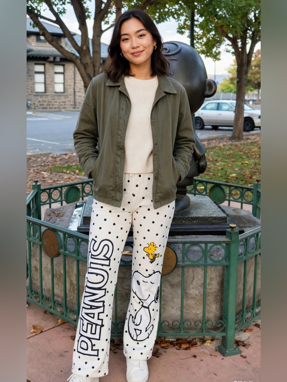 Peanuts White Polka Dot Snoopy wide leg sweatpants - Picture 4 of 5